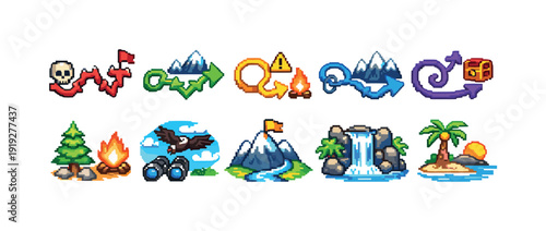 Gaming adventure icon set. 3d treasure map, quest, journey icons
