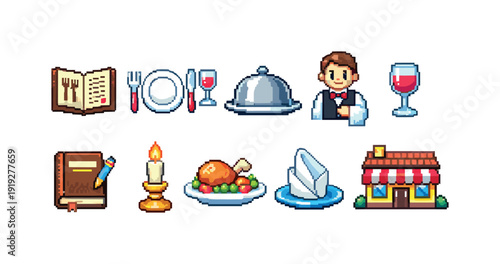 Restaurant and dining 3d icon set. Hospitality, food, and drink 3d icons collection