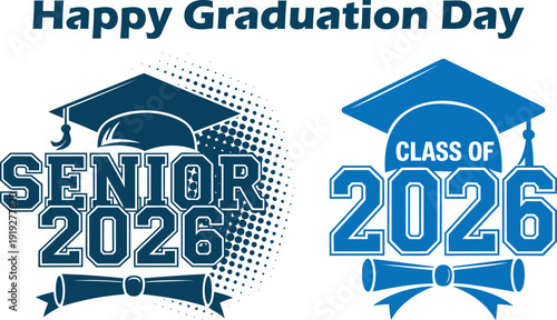 Two blue academic graduation hat and scroll emblems celebrate the senior class of 2026