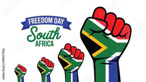 Freedom Day South Africa illustration with raised fists in national flag colors celebrating democracy unity and liberation heritage background design