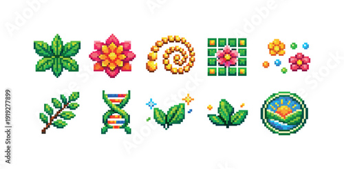 Nature 3d icon set: green, leaf, flower, ecosystem icons in vivid colors