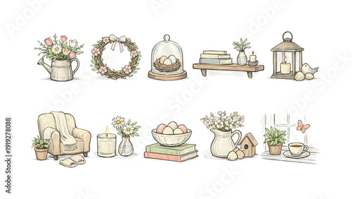 Vintage farmhouse outline icon set. Rustic decor, cozy home vibe icons collection