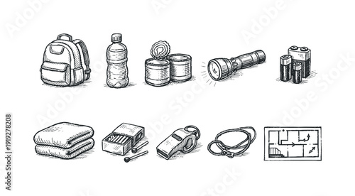 Camping essentials sketch icon set. Outdoor survival gear in sketch style