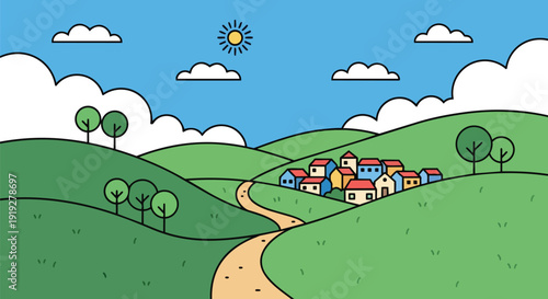 A vibrant cartoon landscape illustrates a quaint village nestled among rolling green hills under a bright blue sky with fluffy white clouds and a