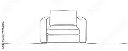 Armchair in one line art style. Drawing of a soft cozy chair with armrests, made by a continuous line with editable black stroke. Vector illustration.