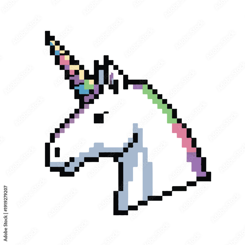 Fototapeta premium Pixel art illustration of a unicorn's head in profile, with a rainbow horn, evoking fantasy and magic