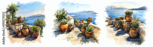 Watercolor sunny Santorini landscape collection with Greek island scenery, blue sea bougainvillea flowers and Mediterranean summer scenery, perfect for vacation design.