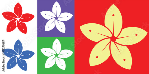 Five petal flower logo set with leaf vein details and stigma dots illustration