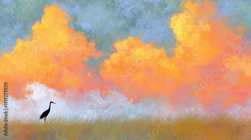 Silhouette of a tall wading bird standing amidst tall grass beneath vibrant sunset clouds