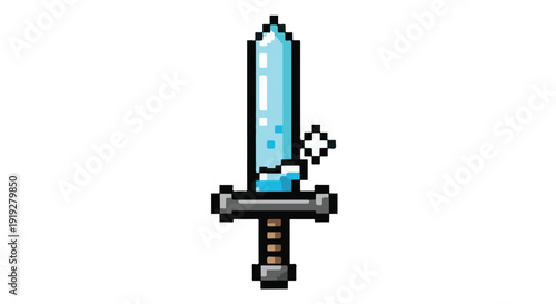 Gleaming pixel art sword with a vibrant ice-blue blade and classic hilt, an ideal digital graphic for evoking retro gaming aesthetics and heroic fantasy adventure concepts in virtual realms