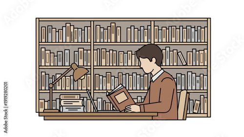 Man Reading Book at Desk in Library.
