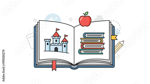 Open Book with Castle Illustration and Books.
