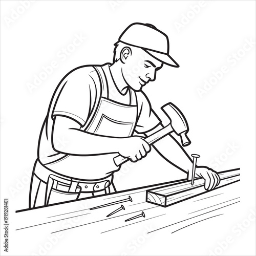 A carpenter hammering a nail into wood line art vector style