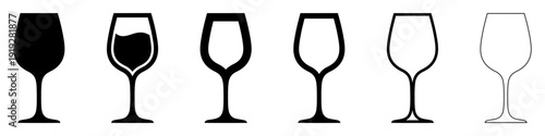Set of wine glass icons presented in various styles: from a solid silhouette and a version with a drink to outlines of different thicknesses. Minimalist vector illustration.