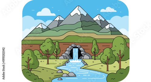 Vibrant cartoon landscape illustration featuring majestic snow-capped mountains, a cascading waterfall, and a serene winding river framed by lush