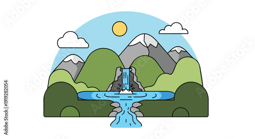 Detailed flat design illustration depicting a serene natural landscape with majestic mountains, lush green hills, and a vibrant cascading waterfall