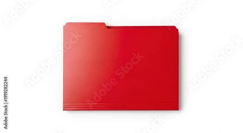 A vibrant, glossy red file folder, viewed from above, on a stark white background