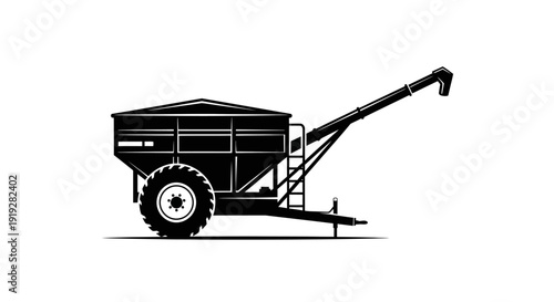 Black silhouette of a grain cart with large tire and conveyor chute isolated on white background for agriculture and farming concepts