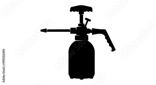 Silhouette of a black pressure sprayer with nozzle and handle on white background for gardening or cleaning tasks
