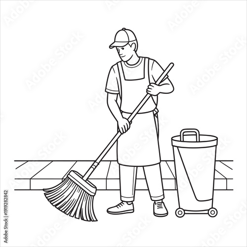 A street cleaner sweeping with a broom line art vector style