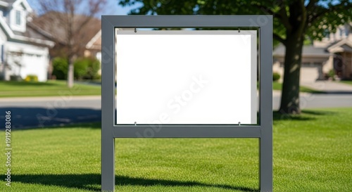 Blank Signboard in Community Park Surrounded by Trees and Houses