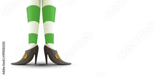 Leprechaun girl legs in green striped stockings and buckled boots, St. Patricks Day horizontal banner with copy space on white background. leprechaun elf s legs wearing green and white striped tights