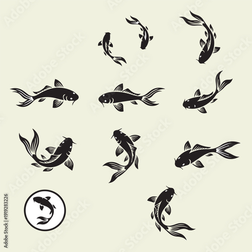 Fotografi Black and white silhouette vector set of Chinese zodiac animals and flying birds