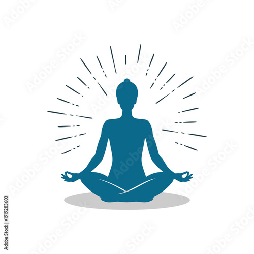 silhouette of person yoga meditation lotus pose with radiating light rays for wellness mindfulness spiritual peace