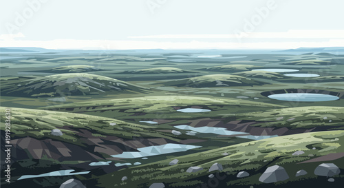 Expansive stylized tundra landscape with numerous rolling hills and scattered ponds beneath a muted sky