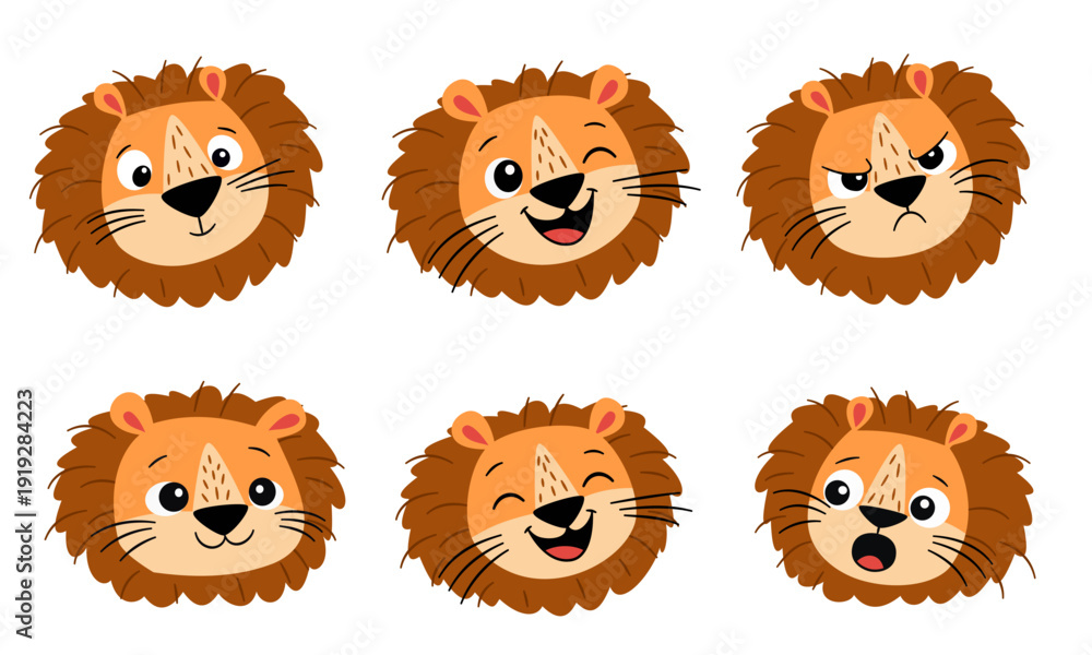 Obraz premium A set of cute lion faces with different emotions. A set of flat vector illustrations. . Vector illustration