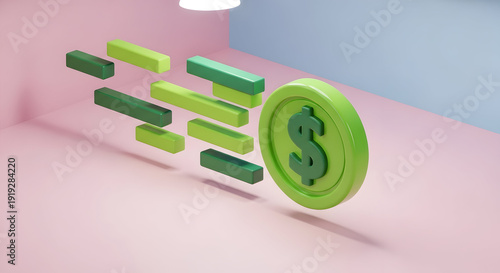 Dynamic green coin with dollar sign and floating bars in modern pink and blue room