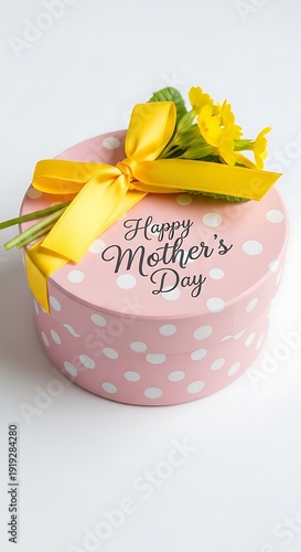 Wallpaper Mural Pink polka dot gift box with yellow ribbon and flowers Happy Mothers Day Torontodigital.ca