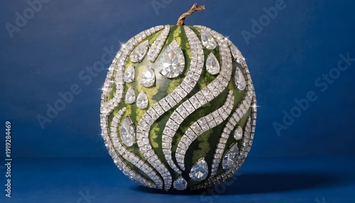 Sparkling Watermelon Art with Gemstones on Blue Background