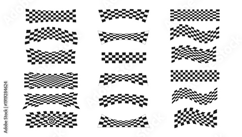 Collection of small waving checkered racing flags isolated on white background, motorsport mini flag icons vector