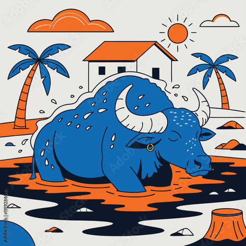 Countryside Water Buffalo Village Lifestyle Agriculture Illustration Icon