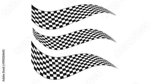 Dynamic flowing checkered racing flag wave shapes isolated on white background, speed motion motorsport vector set