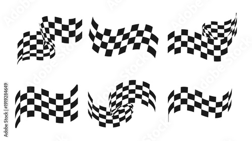 Multiple checkered racing flag wave variations isolated on white background, motorsport finish line vector collection