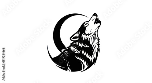 Wolf silhouette howling at crescent moon