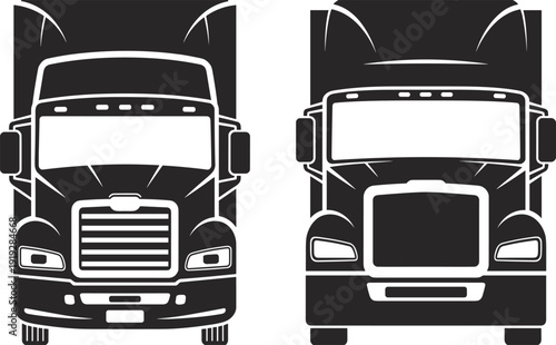 Semi truck front view silhouettes isolated on white background heavy transport vehicle vector illustration for logistics and freight design