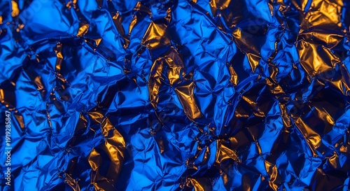 Blue and gold crumpled metallic foil texture background