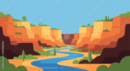 Vibrant Flat Design Canyon Landscape Illustration with Serene River Flowing Through Rocky Valley