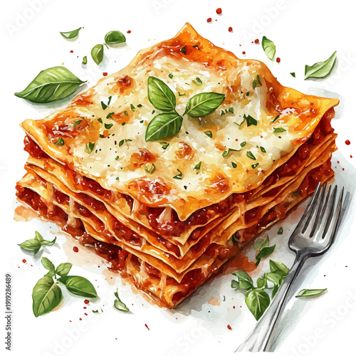Lasagna, cute watercolor illustration with intricate patterns and vibrant splashes, isolated on a white background.