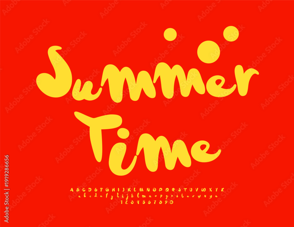 Fototapeta premium Vector Sunny badge Summer Time. Funny Yellow Font. Typography Playful Alphabet Letters and Numbers set