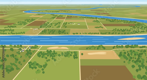 Overhead view of a serene rural landscape with a meandering river and diverse agricultural fields
