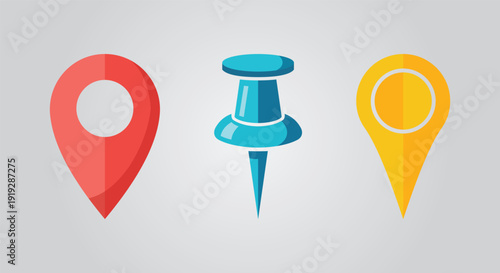 A set of colorful location icons including a red map pin, a blue push pin, and a yellow location marker on a gray background, available as an editable vector file.