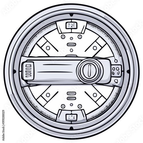 A detailed hand drawn illustration of a circular science fiction mechanical hatch or portal