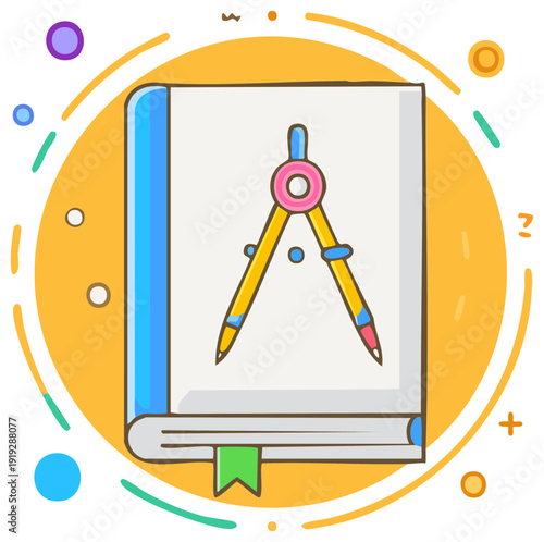 Geometry textbook with drawing compass for circles illustrates educational subjects