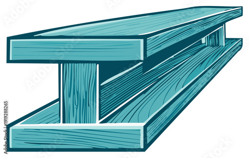 Isometric Perspective Illustration of a Teal Blue Wood Structure, Angled View