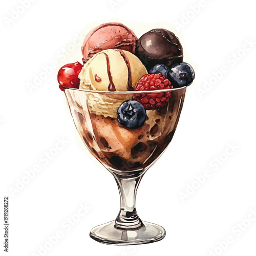 Ice Cream Sundae, elegant watercolor illustration luminous highlights, isolated on a white background.