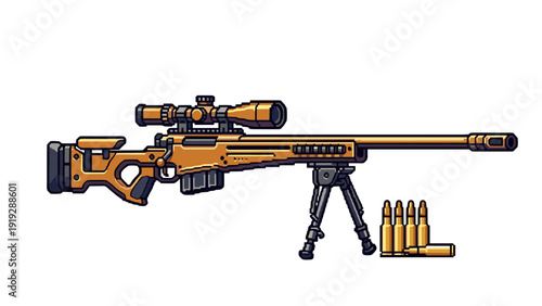 Modern sniper rifle with scope, bipod, and ammunition, isolated on white background